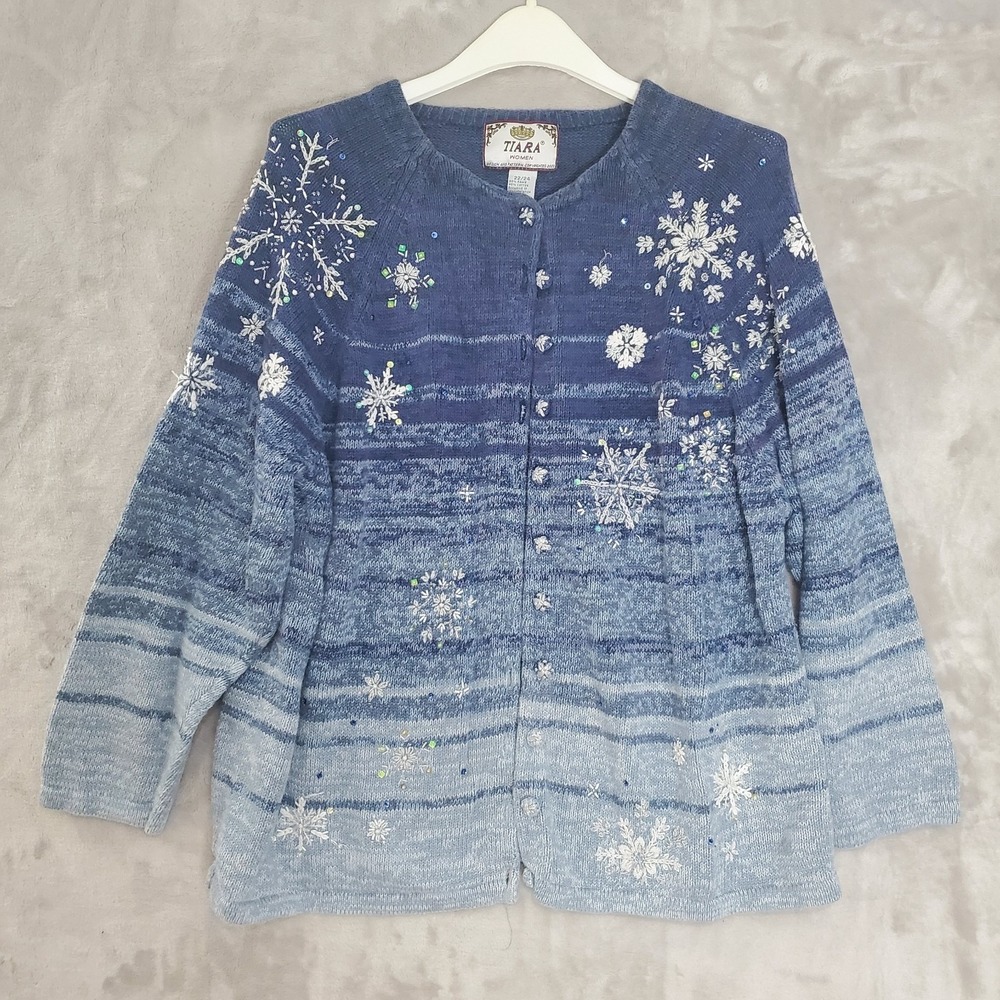 Tiara International Cardigan Sweater Womens Plus 22-24 Blue Holiday Snowflake